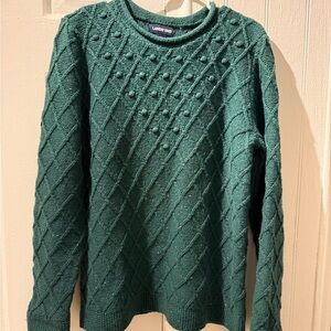 Lands' End Cable Knit Pom Detail Crew Neck Sweater in Forest Green
